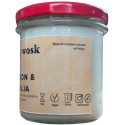 Naturalna świeca Dobry Wosk Bourbon & Vanilla – opis składu i specyfikacji na tylnej etykiecie.