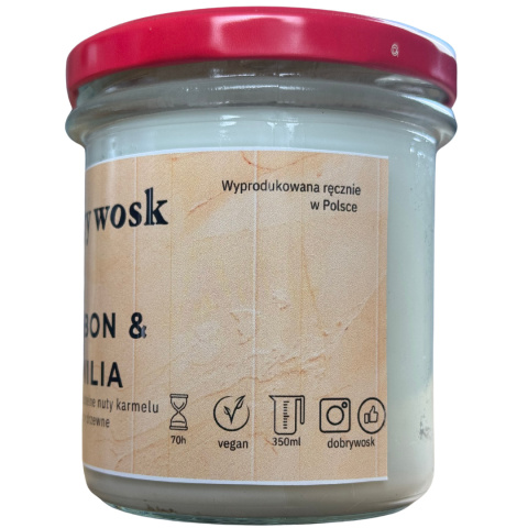 Naturalna świeca Dobry Wosk Bourbon & Vanilla – opis składu i specyfikacji na tylnej etykiecie. Naturalna świeca Dobry Wosk Bourbon & Vanilla – opis składu i specyfikacji na tylnej etykiecie.