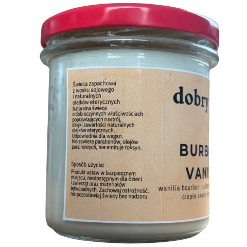 Świeca sojowa Dobry Wosk Bourbon & Vanilla – szczegóły zapachowe i informacje na etykiecie bocznej. Świeca sojowa Dobry Wosk Bourbon & Vanilla – szczegóły zapachowe i informacje na etykiecie bocznej.