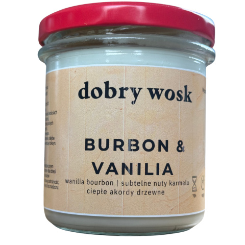 Naturalna świeca sojowa Dobry Wosk o zapachu Bourbon & Vanilla, w stylowym słoiku z czerwonym wieczkiem. Naturalna świeca sojowa Dobry Wosk o zapachu Bourbon & Vanilla, w stylowym słoiku z czerwonym wieczkiem.