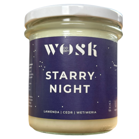 Naturalna świeca sojowa Dobry Wosk o zapachu Starry Night w eleganckim słoiku z fioletową etykietą. Naturalna świeca sojowa Dobry Wosk o zapachu Starry Night w eleganckim słoiku z fioletową etykietą.