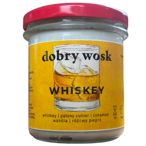Naturalna świeca sojowa Dobry Wosk o zapachu Whiskey, w eleganckim słoiku z czerwonym wieczkiem. Naturalna świeca sojowa Dobry Wosk o zapachu Whiskey, w eleganckim słoiku z czerwonym wieczkiem.