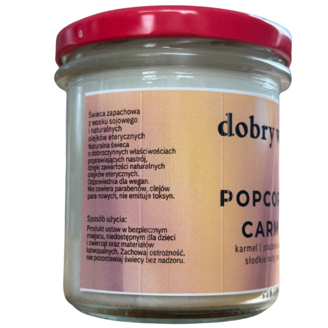 Tył etykiety świecy Dobry Wosk Popcorn & Carmel – szczegółowe informacje o składzie i sposobie użytkowania. Tył etykiety świecy Dobry Wosk Popcorn & Carmel – szczegółowe informacje o składzie i sposobie użytkowania.