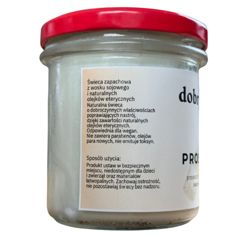 Tył etykiety świecy Dobry Wosk Prosecco – szczegóły dotyczące składu, certyfikatów i sposobu użycia. Tył etykiety świecy Dobry Wosk Prosecco – szczegóły dotyczące składu, certyfikatów i sposobu użycia.