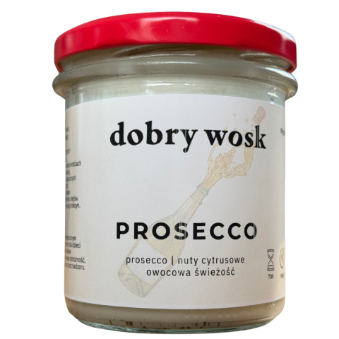Świeca Dobry Wosk Prosecco – elegancki słoik z białym woskiem o świeżym zapachu prosecco i cytrusów. Świeca Dobry Wosk Prosecco – elegancki słoik z białym woskiem o świeżym zapachu prosecco i cytrusów.